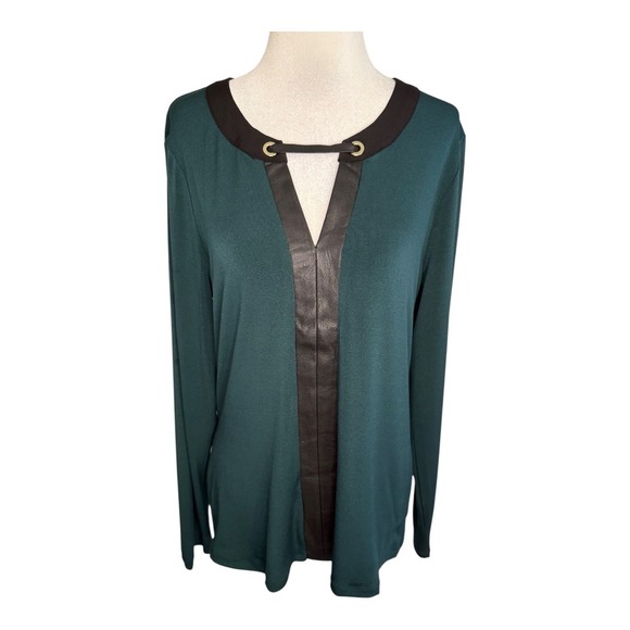 Carmen Marc Valvo Womens Top XL Green Long Sleeve Faux Leather Trim Blouse - Picture 1 of 7